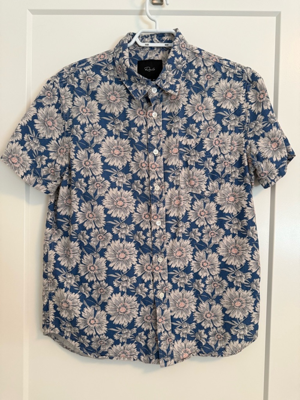 Rails Blue Floral Short Sleeve Button-Down Shirt with Pink Accents